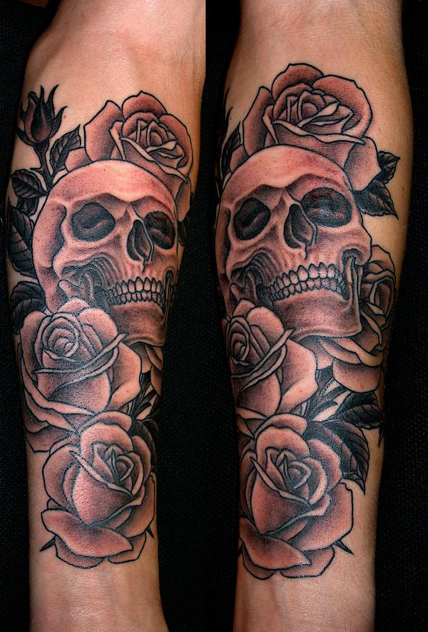 Traditional American style Skull amp Roses tattoo by Nick Anderson Image